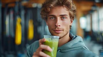 AI generated Handsome young man drinking celery smoothie. Blurred gym background from behind. photo