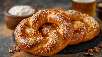 AI generated Iconic soft pretzels served with a cold, foamy beer, a popular German snack. photo