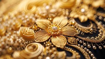 AI generated Intricate golden filigree patterns reminiscent of delicate jewelry, showcasing exquisite craftsmanship. photo