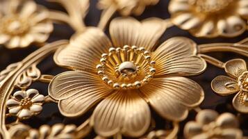 AI generated Intricate golden filigree patterns reminiscent of delicate jewelry, showcasing exquisite craftsmanship. photo