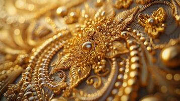 ai generado intrincado dorado filigrana patrones recordativo de delicado joyas, exhibiendo Exquisito artesanía. foto