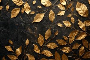 AI generated Opulent gold leaf patterns on a midnight black canvas, exuding elegance and extravagance. photo