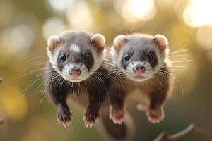 AI generated Playful ferret siblings tumbling over each other, their sleek bodies a blur of motion. photo