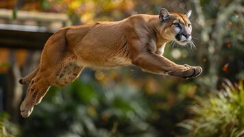 AI generated puma is captured in mid-air. Its resilient muscles are taut, and it is leaping gracefully in its enclosure. photo