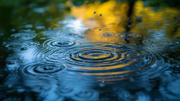 AI generated Raindrop ripples in puddles, reflecting the azure sky, heralding a refreshing spring shower. photo