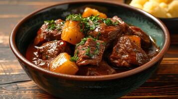 AI generated Slow-cooked pot roast marinated in a sweet and sour sauce, usually served with potato dumplings photo
