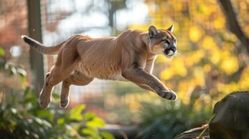 AI generated puma is captured in mid-air. Its resilient muscles are taut, and it is leaping gracefully in its enclosure. photo