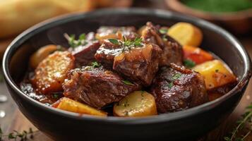 AI generated Slow-cooked pot roast marinated in a sweet and sour sauce, usually served with potato dumplings photo