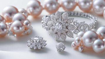 AI generated Precious pearls and diamonds arranged in a celestial pattern, exuding celestial elegance. photo