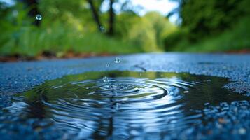 ai generado gota de agua ondas en charcos, reflejando el azur cielo, anunciando un refrescante primavera ducha. foto