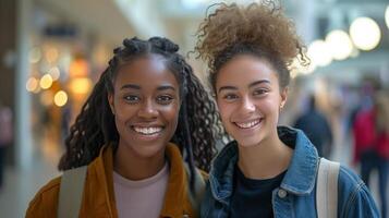 AI generated Two women are walking near a shopping center. photo