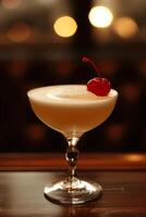 AI generated Whiskey Sour. Whiskey, lemon juice, simple syrup, shaken and served with a cherry photo