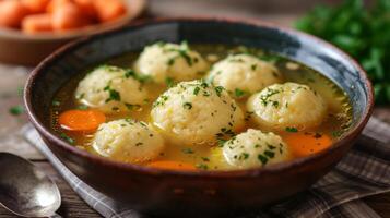 AI generated A bowl of matzo ball soup, a Jewish comfort classic, with fluffy matzo balls in chicken broth. photo