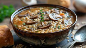 AI generated A bowl of mushroom barley soup, rich and earthy, with hearty mushrooms and chewy barley. photo