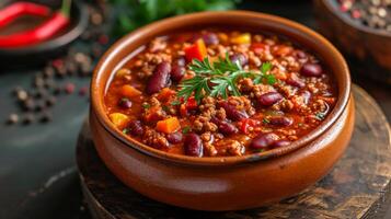 ai generado un cuenco de abundante chile, rebosante con suelo carne de res, frijoles, y un picante tomate salsa foto