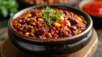 ai generado un cuenco de abundante chile, rebosante con suelo carne de res, frijoles, y un picante tomate salsa foto