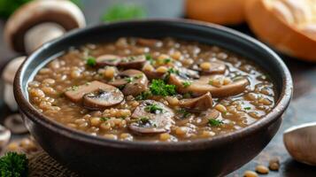 AI generated A bowl of mushroom barley soup, rich and earthy, with hearty mushrooms and chewy barley. photo