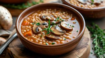 AI generated A bowl of mushroom barley soup, rich and earthy, with hearty mushrooms and chewy barley. photo