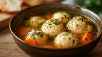 AI generated A bowl of matzo ball soup, a Jewish comfort classic, with fluffy matzo balls in chicken broth. photo