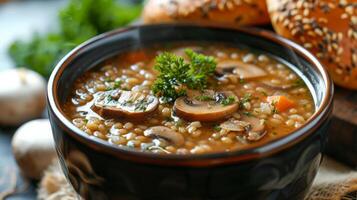 AI generated A bowl of mushroom barley soup, rich and earthy, with hearty mushrooms and chewy barley. photo