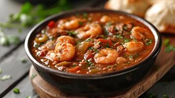 AI generated A bowl of seafood gumbo, a Cajun delight, with shrimp, crab, and okra in a spicy broth. photo