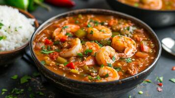 AI generated A bowl of seafood gumbo, a Cajun delight, with shrimp, crab, and okra in a spicy broth. photo