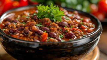 ai generado un cuenco de abundante chile, rebosante con suelo carne de res, frijoles, y un picante tomate salsa foto