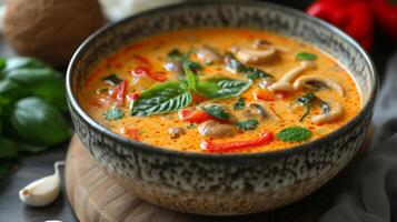 AI generated A bowl of Thai coconut curry soup, fragrant with lemongrass, coconut milk, and aromatic spices. photo