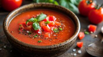 AI generated A bowl of vibrant gazpacho, a cold Spanish soup, bursting with the flavors of ripe tomatoes. photo