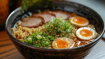 ai generado un cuenco de tradicional ramen, presentando Delgado fideos, oferta cerdo, y un sabroso caldo. foto