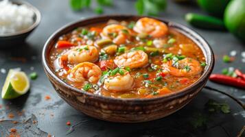 AI generated A bowl of seafood gumbo, a Cajun delight, with shrimp, crab, and okra in a spicy broth. photo