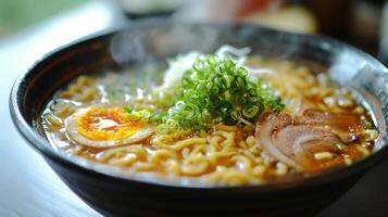 AI generated A bowl of traditional ramen, featuring thin noodles, tender pork, and a flavorful broth. photo