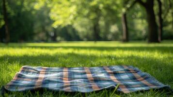 ai generado un a cuadros picnic cobija puesto fuera en lozano verde césped, evocando un clásico americano picnic escena. foto