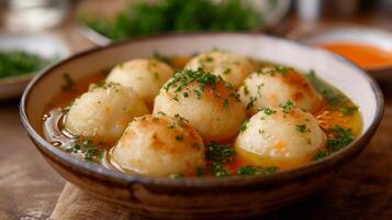 AI generated A bowl of matzo ball soup, a Jewish comfort classic, with fluffy matzo balls in chicken broth. photo