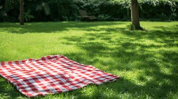 AI generated A checkered picnic blanket laid out on lush green grass, evoking a classic American picnic scene. photo