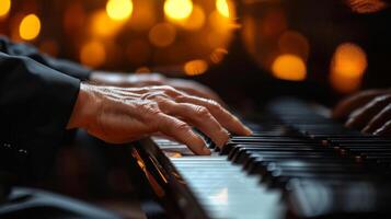 ai generado un de cerca de un del pianista manos en el llaves, expresando el arte de clásico música. foto