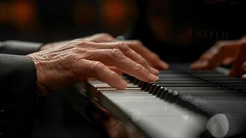 ai generado un de cerca de un del pianista manos en el llaves, expresando el arte de clásico música. foto