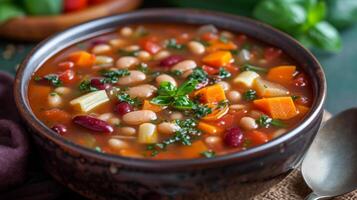 AI generated A colorful bowl of minestrone soup, loaded with vegetables, beans, and pasta in a tomato base. photo