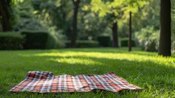 AI generated A checkered picnic blanket laid out on lush green grass, evoking a classic American picnic scene. photo
