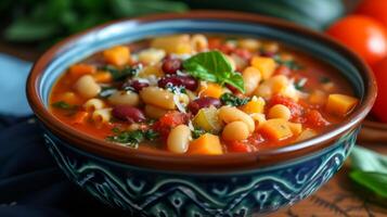 AI generated A colorful bowl of minestrone soup, loaded with vegetables, beans, and pasta in a tomato base. photo