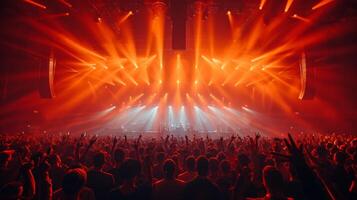 AI generated A concert stage with pulsating lights and a sea of ecstatic fans, capturing live music's energy. photo