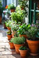 AI generated A container garden on a sunny patio, showcasing a variety of potted plants and herbs. photo