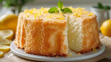 AI generated A delicate lemon chiffon cake, light and airy, with a lemon glaze and zest garnish. photo