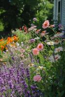 ai generado un cabaña jardín, encantadoramente salvaje con floreciente perennes me gusta rosas, lavanda, y margaritas foto