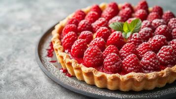 ai generado un encantador frambuesa almendra tarta presentando dulce frambuesas encima un frangipane relleno. foto