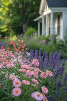 AI generated A cottage garden, charmingly wild with blooming perennials like roses, lavender, and daisies. photo