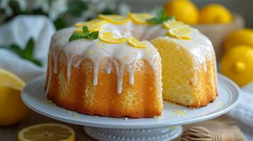 AI generated A delicate lemon chiffon cake, light and airy, with a lemon glaze and zest garnish. photo