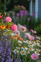 ai generado un cabaña jardín, encantadoramente salvaje con floreciente perennes me gusta rosas, lavanda, y margaritas foto