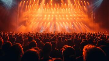 ai generado un concierto etapa con pulsante luces y un mar de extático aficionados, capturar En Vivo la musica energía. foto