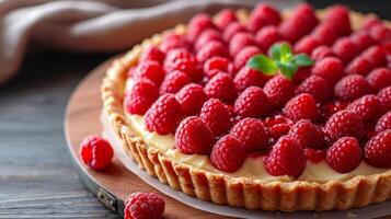 ai generado un encantador frambuesa almendra tarta presentando dulce frambuesas encima un frangipane relleno. foto